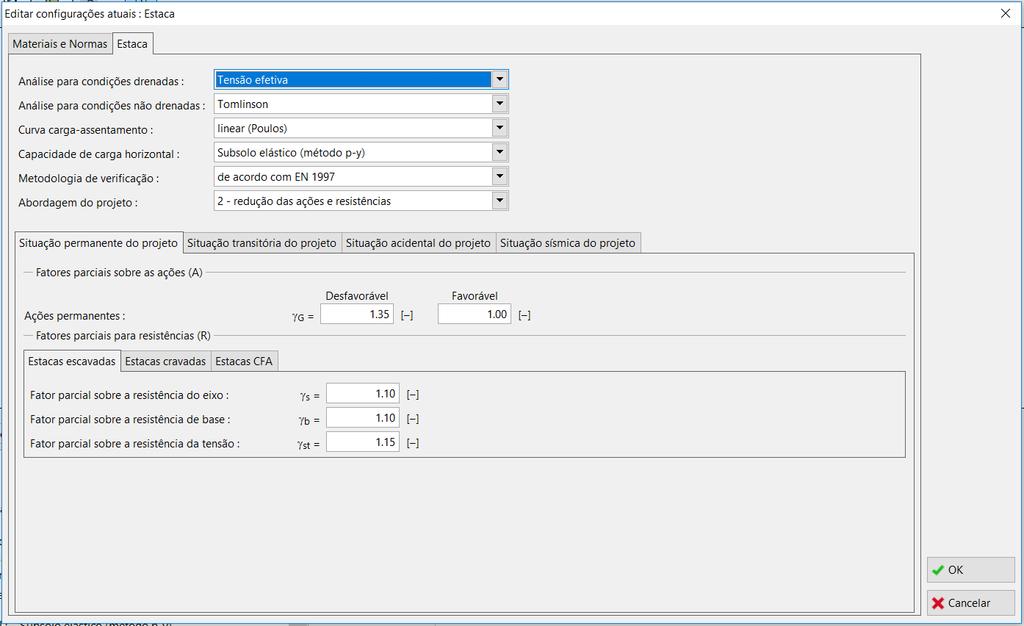 Análise de assentamento de uma estaca isolada: Teoria de assentamento linear (POULOS), outros métodos Agora, vamos voltar às configurações da análise. Na janela Configurações, clique no botão Editar.