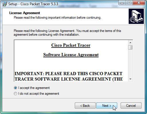 Passo 2 A janela "Setup - Cisco Packet Tracer 5.3.3" abrirá. Clique em Próximo. A tela "Termos e Condições" abrirá.