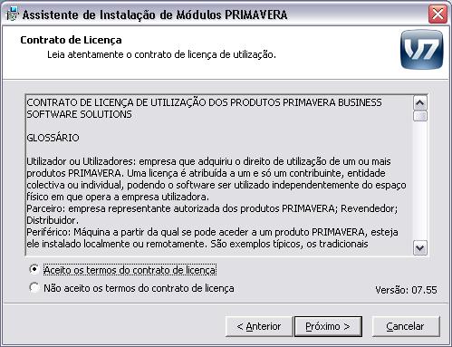 Contrato de Licenciamento: Caso o utilizador concorde com os termos do contrato de licenciamento deverá escolher a opção