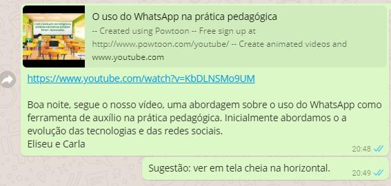 IX Encontro Mineiro Sobre Investigação na Escola 6 A figura 1 monstra a publicação do OA no grupo de alunos do WhatsApp.