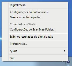 Menu do botão direito Menu do botão direito Este menu aparece ao clicar duas vezes no ícone do ScanSnap Manager notificação localizada na extrema direita da barra de tarefas.