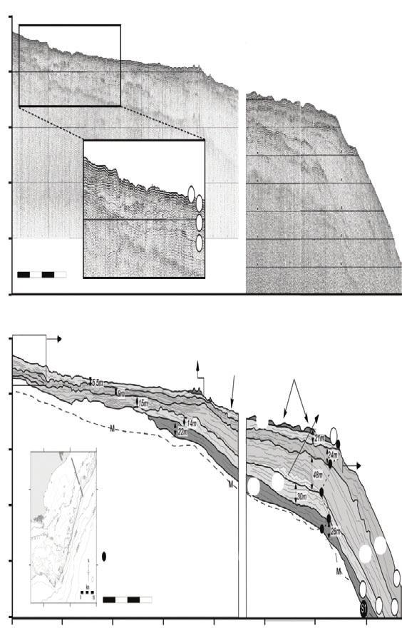Estratigrafia rasa da plataforma da Bacia de Campos TWTT (ms) NW SE - Interrupção da aquisição sísmica - 2 3 4 5 1 km Padrão de fácies sísmicas progradantes e hummocky S6 S5 S4 S1 TWTT (ms) Fácies
