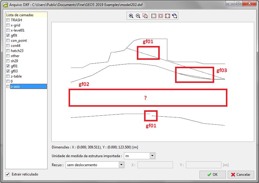 Vamos importar o ficheiro DXF modificado model202.dxf para o programa GE5 MEF (Arquivo -> Importar -> Formato DXF para modelo) e vamos desativar todas as camadas desnecessárias para esta tarefa.