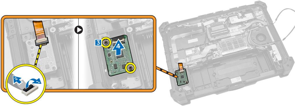 Como instalar a placa MEMS 1. Coloque a placa MEMS no slot. 2. Aperte os parafusos para prender a placa MEMS. 3. Conecte o cabo à placa MEMS. 4. Instale: a. tampa inferior b. bateria 5.