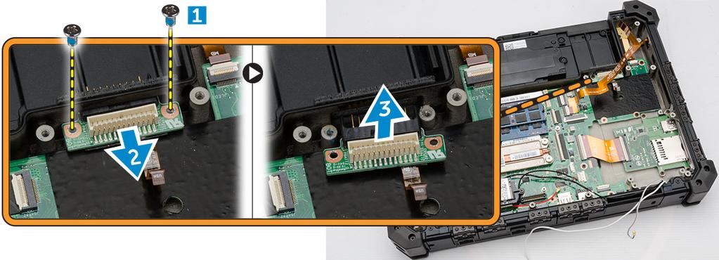 f. placa de MEMS g. disco rígido h. suporte da placa 3. Desconecte o cabo da bateria da placa. 4. Para remover a placa da bateria: a. Remova os parafusos que prendem a placa de bateria [1] b.