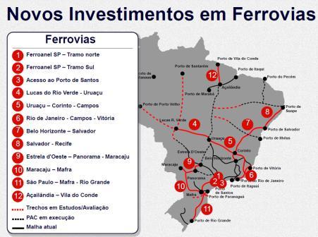 Ferrovias Concessão de 12 trechos de ferrovias, somando 11 mil km e R$ 96 bilhões em investimentos.