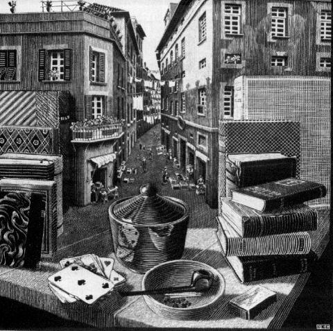 Questão Maurits Cornelis Escher. Still Life and Street,, xilogravura,, cm cm, Cornelius Van S. Roosevelt Collection.