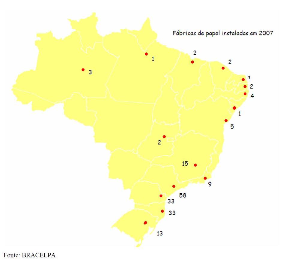 Quantidade de empresas recicladoras por Estado (BRACELPA, 2007) Estado Recicladora Amazonas 2 Bahia 4 Ceará 2 Goiás 1 Maranhão 1 Minas Gerais 14 Pará 1 Paraíba 2 Paraná 20 Pernambuco 3 Rio de Janeiro