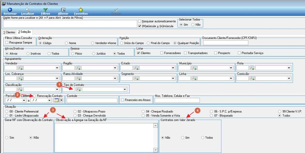 Figura 12 Manutenção de Contratos de Clientes e Filtros.