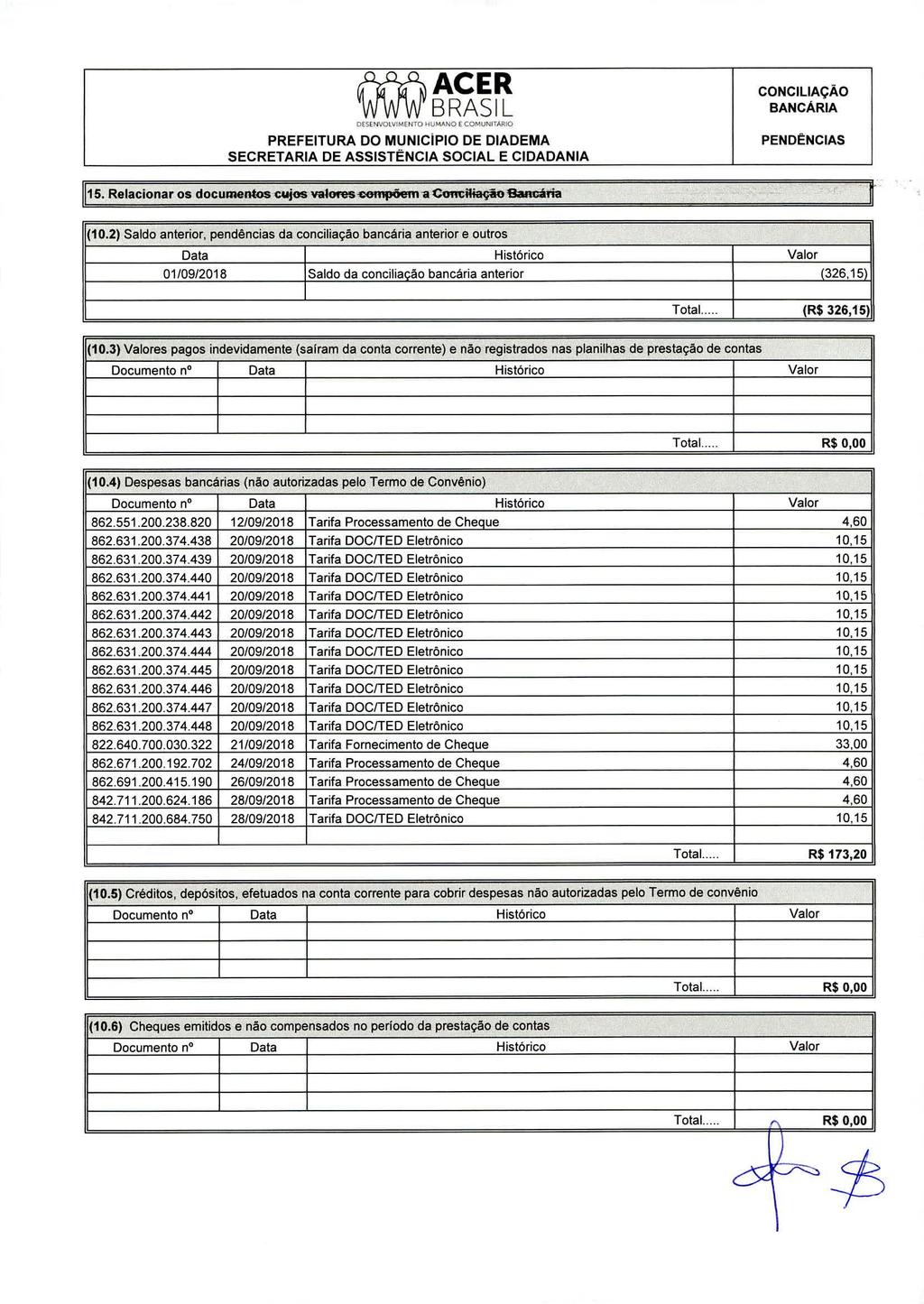 DESENVOLVIMENTO HUMANO E COMUNITÁRIO PREFEITURA DO MUNICÍPIO DE DIADEMA CONCILIAÇAO BANCARIA PENDÊNCIAS 15. Relacionar os documentos cujos valores -compõem a Conciliação Bancária (10.