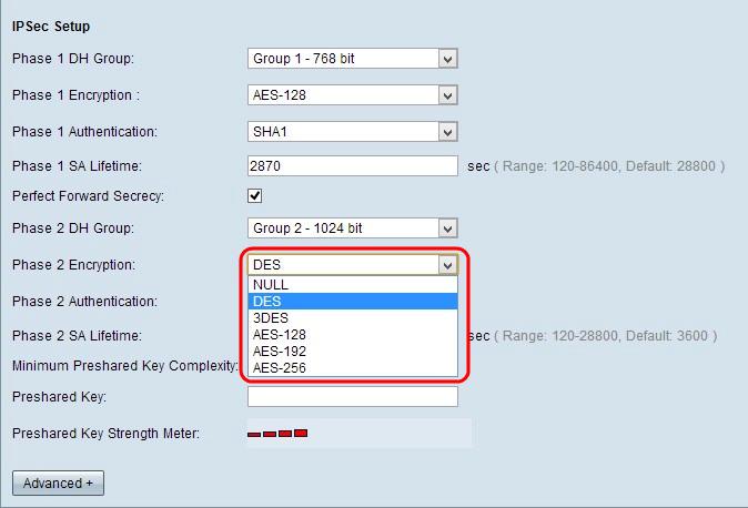 Etapa 7. Escolha a criptografia apropriada da fase 2 cifrar a chave da lista de drop-down da criptografia da fase 2. O AES-256 é recomendado porque é o método de criptografia o mais seguro.