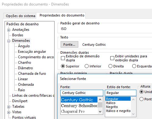 2 Formatar Fonte e Dimensões Para selecionar a fonte do desenho, proceda conforme abaixo: Selecione Ferramentas > Opções Selecione a aba Propriedades do documento Selecione Dimensões Clique no botão