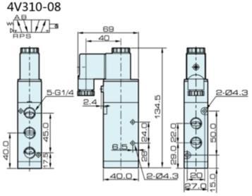 Válvulas - Acionamento Elétrico Válvulas solenoides 4V-3 4V-4-5/3 Vias Simbologia de Código 4V 3 10 08 AC220 Tipo