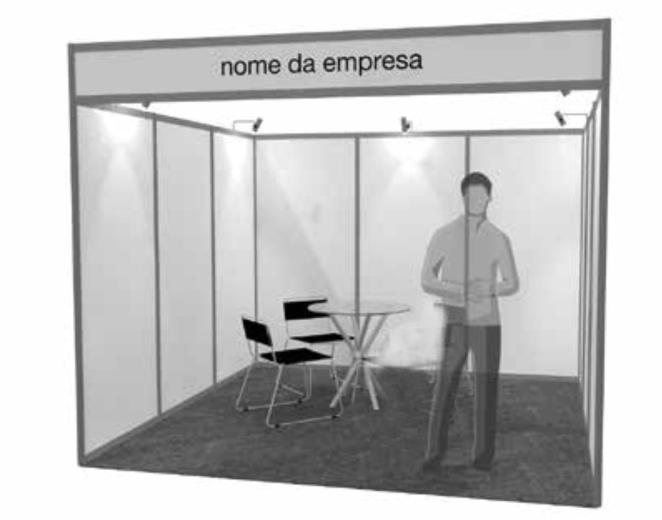 TIPOLOGIA DE STAND Identiﬁcação do Expositor Parede Lateral Parede Fundo Especiﬁcações 1 - Mesa 2 - Cadeiras A impressão de imagem gráﬁca de painéis pode ser contratada à parte e sujeita a orçamento