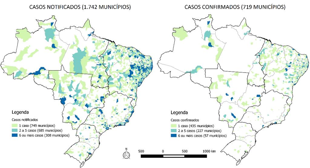 2. Distribuição geográfica Segundo a distribuição geográfica, os 10.119 casos notificados estão distribuídos em 1.742 (31,3%) dos 5.570 municípios brasileiros, conforme tabela 2 e figura 1 abaixo.