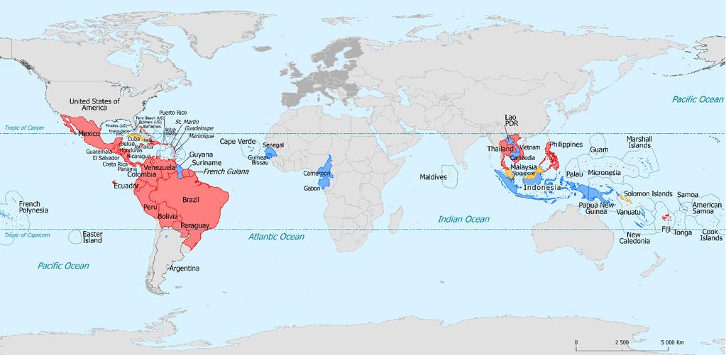 III - Vigilância internacional do vírus Zika Até 03 de novembro de 2016, foi confirmada a transmissão vetorial autóctone do vírus Zika em 73 países e territórios no mundo desde 2007, sendo 47 (64%)