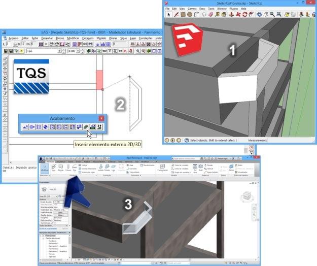 (1) O elemento 3D genérico é modelado num programa externo, por exemplo, o Revit ou o SketchUp [1] e é exportado pelo seu respectivo plugin já desenvolvido pela TQS.