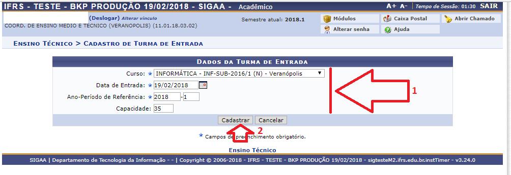 20 Na tela de cadastro da turma de entrada você precisará informa o curso da turma; a data de entrada, o semestre de entrada e a capacidade da turma, que nada mais é do que a quantidade de aprovados