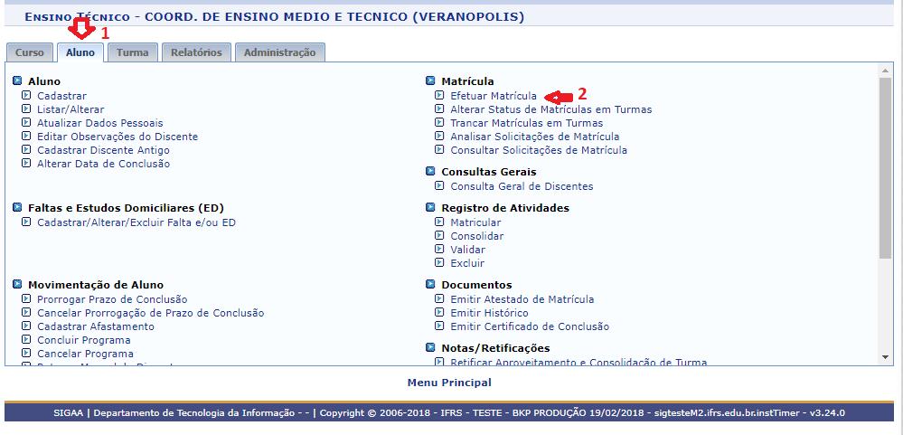 30 9. MATRICULAR DISCENTE Na aba Aluno em Matrícula, clicar em Efetuar Matrícula : Na tela seguinte, 5 opções aparecem: 1