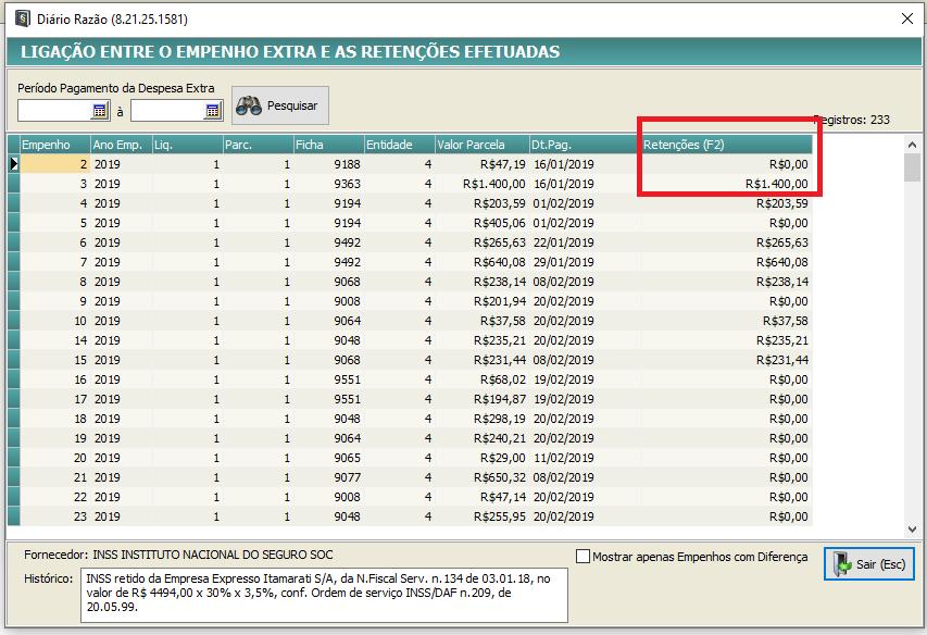 Figura 9: Tela para vinculação das retenções.