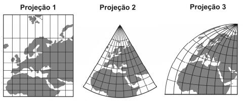 Questão de Projeções Cartográficas Assinale a alternativa que identifica, correta e respectivamente, as projeções 1, 2 e 3.