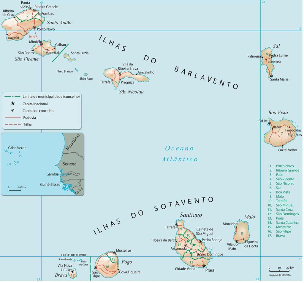 Ilustração 13: Mapa do Arquipélago de Cabo Verde 4 A República de Cabo Verde situa-se a aproximadamente 500 km do Cabo Verde no Senegal, de onde lhe vem o nome, banhada pelo Oceano Atlântico.