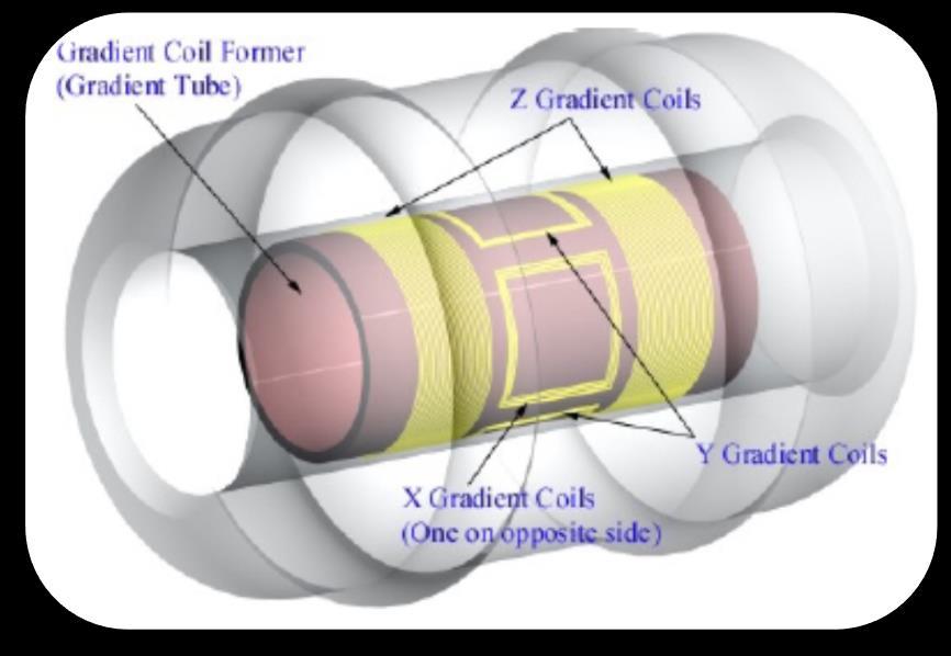 Estrutura do equipamento de ressonância magnética Bobinas de gradiente A presença de um gradiente magnético ao longo do corpo do paciente causa a precessão dos prótons em velocidades ligeiramente