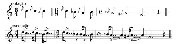3.4.2 Apojatura breve É uma apojatura representada pela nota pequena (geralmente colcheia) atravessada por um traço oblíquo.