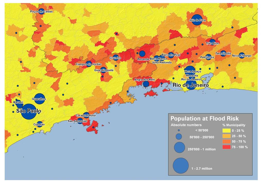 A Região Sudeste possui a maior exposição a riscos de inundação no Brasil Áreas metropolitanas / polos econômicos são os mais afetados 2,5 milhões de pessoas na cidade de São Paulo e 900.