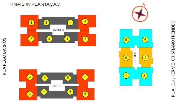 IMPLANTAÇÃO: Verano Club Torres A/B Finais 2, 3, 6, 7 59,73 m² Finais 4, 5 45,46 m² Finais 1, 8 45,36 m² Torres C