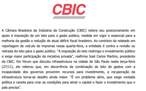 CLIPPING DE NOTÍCIAS Título: CBIC reitera apoio ao teto para o gasto público e defende melhores condições para que setor privado voltar a investir Veículo: CBIC Hoje
