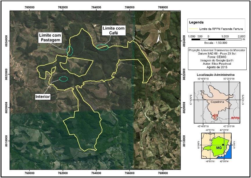 14 Figura 1 Área da reserva e localização dos trechos amostradas nas bordas e interior do fragmento de Floresta Estacional Semidecidual na RPPN Fazenda Fartura, Capelinha - MG Fonte: PASCHOAL (2015).