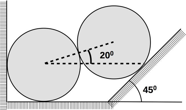 18. Duas esferas idênticas estão apoiadas na como mostrado na figura abaixo. a) Identifique as forças que atuam nas esferas; b) Calcule o módulo dessas forças. 19.
