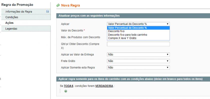 Nessa aba você selecionará o que será aplicado, como no print: Valor Percentual do Desconto %: Selecione caso queria aplicar um % de desconto ao carrinho do cliente quando o cupom for utilizado por