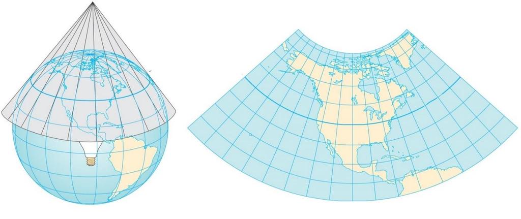 Projeções Cónicas Representação da superfície terrestre sobre um cone imaginário; Aumento da