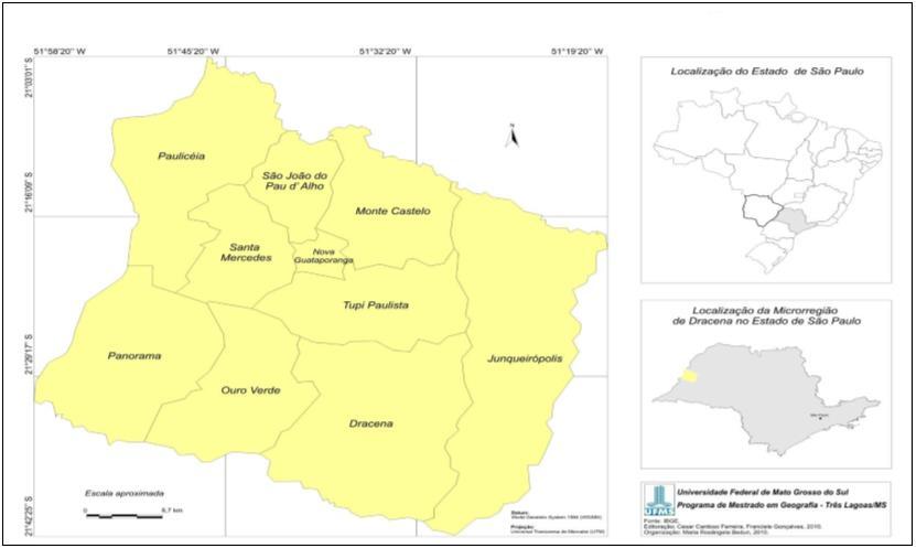 Figura 1. Localização de Ouro Verde na Microrregião de Dracena. Fonte: BEDUN, 2012. Entre as décadas de 1940 e 1980, a cultura cafeeira foi a principal atividade econômica de Ouro Verde.