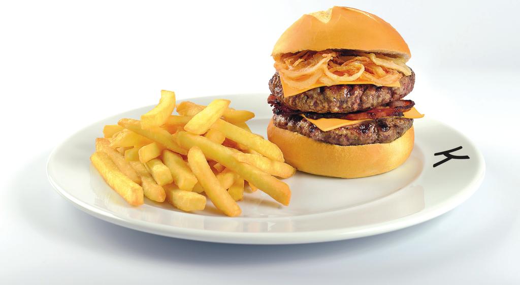 CLASSIC BURGER AMERICANO 2 smashed burgers, queijo cheddar, cebola caramelizada, ovo, bacon e maionese especial KHARINA.