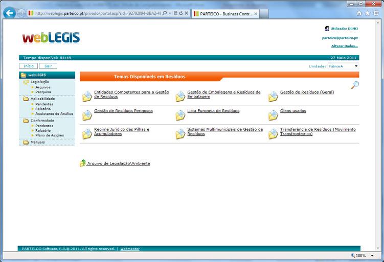 Plataforma weblegis ARQUIVO DE LEGISLAÇÃO DE (NACIONAL E COMUNITÁRIA)» Manutenção de um arquivo geral com toda a legislação ambiental existente e dos arquivos específicos da organização/unidades com