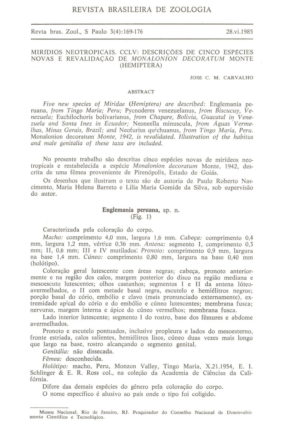 REVISTA BRASILEIRA DE ZOOLOGIA Revta bras. Zool., S Paulo 3(4):169-176 28.vi.1985 MIRfDIOS NEOTROPICAIS.