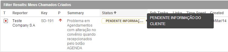 Figura 13 - Status Pendente Informação do Cliente Clique na Key ou Summary do chamado. Localize a seção Activity. Esta seção está localizada no final da ocorrência. Clique em Comments (Comentários).