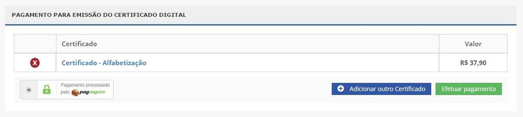 Para adicionar o certificado ao carrinho de compras basta dar um clique em Emitir CERTIFICADO. Feito isso você será redirecionado para o carrinho de compras.