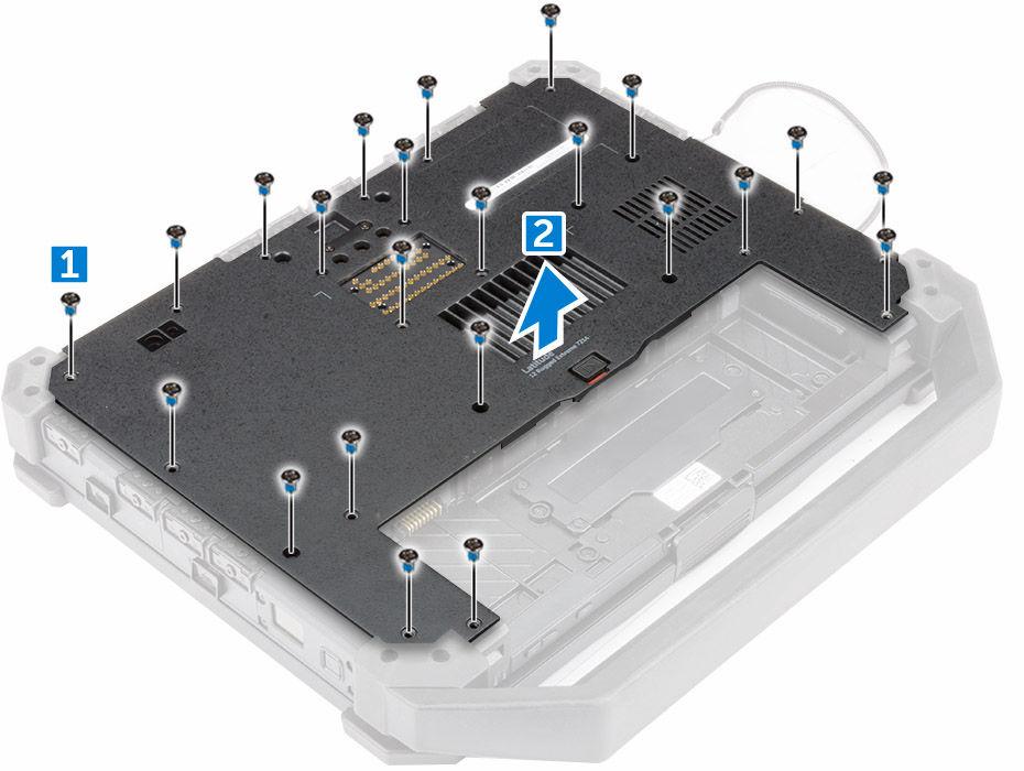 Como remover a tampa da base 1. Siga os procedimentos descritos em Antes de trabalhar na parte interna do computador. 2. Remova a bateria. 3. Para remover a tampa da base: a.