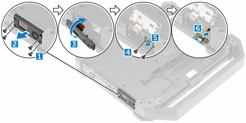 Como instalar a placa do botão liga/desliga 1. Alinhe a placa do botão liga/desliga com o conector na placa de sistema. 2. Aperte os parafusos que prendem a placa do botão liga/desliga. 3.