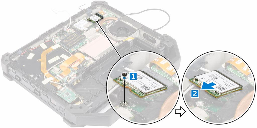 Como instalar a placa WLAN 1. Insira a placa WLAN em seu slot. 2. Aperte o parafuso que prende a placa WLAN. 3. Conecte os cabos da antena à placa WLAN. 4. Instale: a.