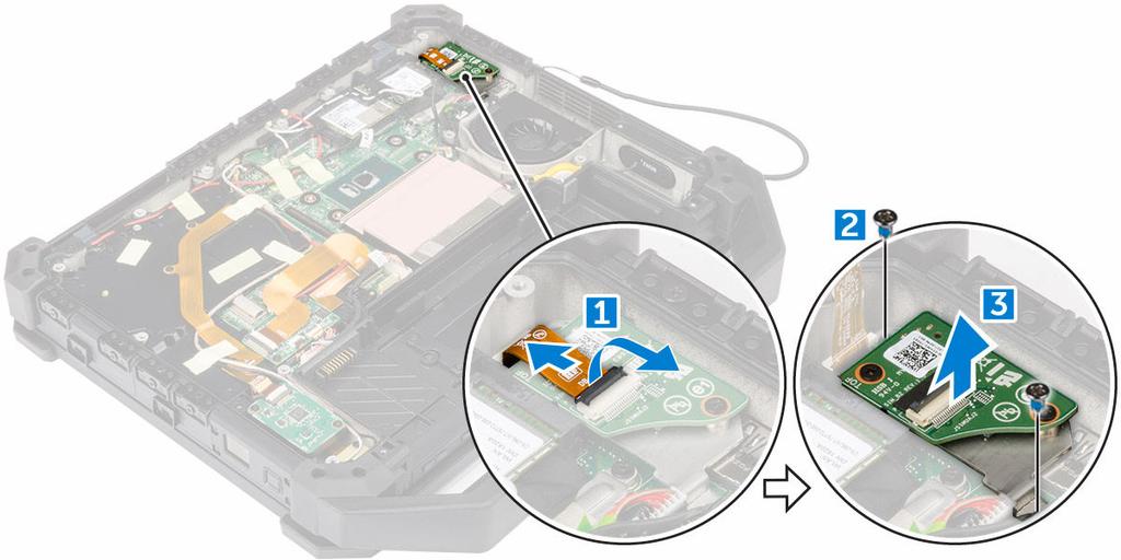 Como instalar a placa de SIM 1. Insira a placa de SIM no respectivo slot no computador. 2. Instale os parafusos que prendem a placa SIM. 3. Conecte o cabo do conector da placa SIM na respectiva placa.