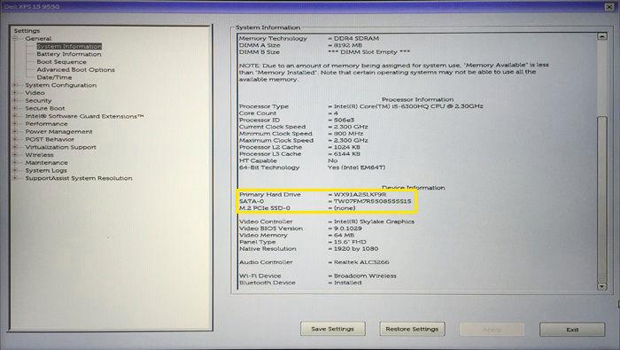 A unidade de disco rígido está relacionada em System Information (Informações do sistema), no grupo General (Geral).