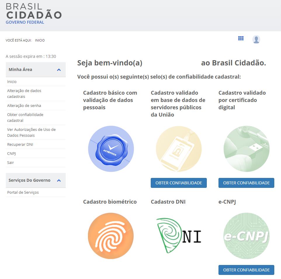 VII. Obter confiabilidade do e-cnpj O próximo passo é obter a confiabilidade do e-cnpj. Clique no botão obter confiabilidade do e-cnpj ou no item do menu esquerdo CNPJ.