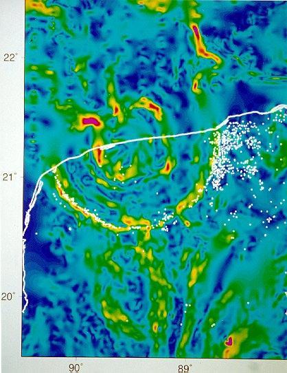 INVESTIGAÇÃO DA CRATERA DE CHICXULUB O gradiente da anomalia Bouguer, indicando as regiões de maior variação