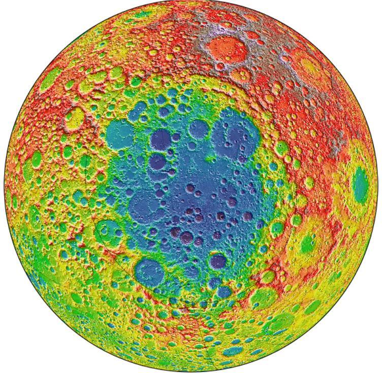 O CAMPO DA GRAVIDADE NA LUA Esta imagem centrada no polo sul lunar mostra a bacia Aitken, a maior bacia de impacto lunar (e uma das maiores do