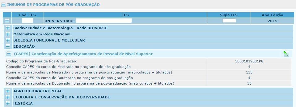 Caso a IES possua programa de pós-graduação, repita o mesmo procedimento para os Insumos da Pósgraduação.